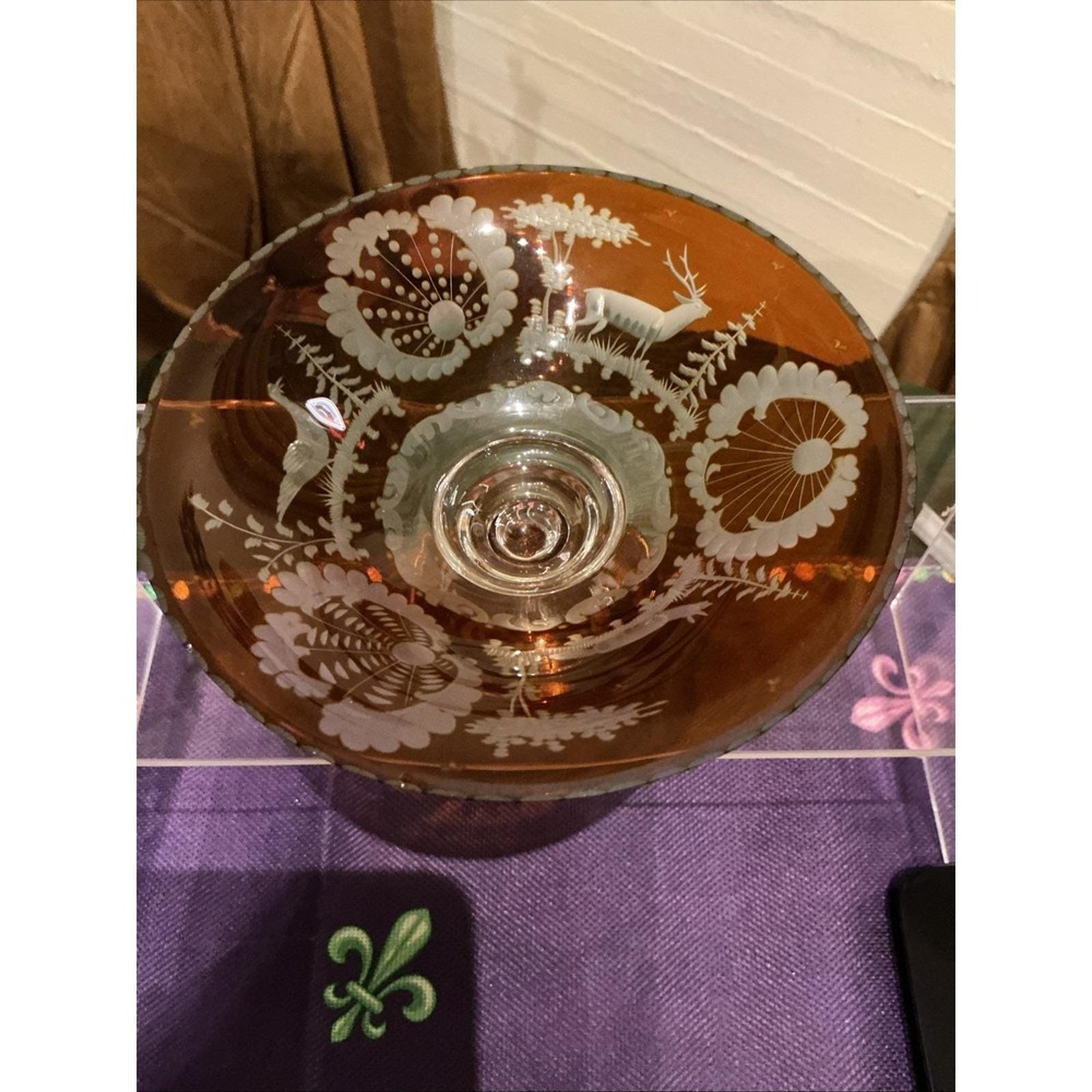 Antique Vintage Bohemian amber cut-to-clear glass bowl etched Woodland design